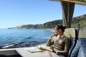 New Zealand - Coastal Pacific lady enjoying the views - Luxury train journeys